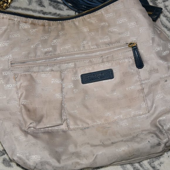 Michael KORS navy blue MEGAN Crossbody shoulder SLOUCH handbag LEATHER gold - Picture 12 of 15